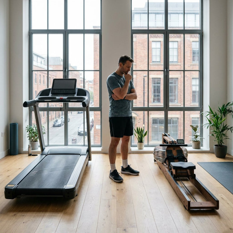Moderne thuisgym met een loopband en roeitrainer naast elkaar, terwijl een sporter twijfelend tussen beide apparaten staat in zacht daglicht.