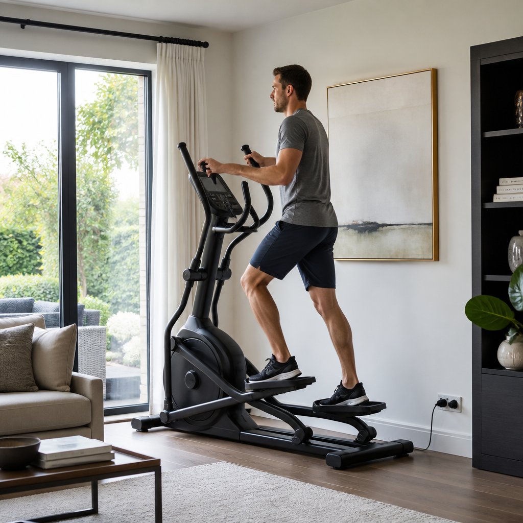 Moderne crosstrainer in een stijlvolle Nederlandse woonkamer, met een volwassene die rustig traint bij zacht daglicht en een nette, ruime setting.