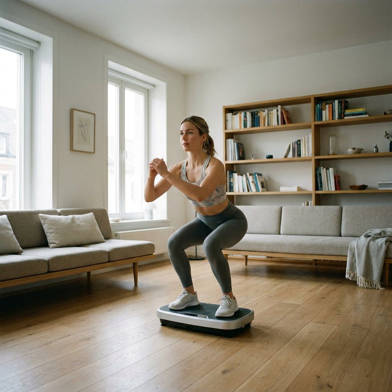 Sportieve vrouw doet een lichte squat op een trilplaat in een moderne woonkamer, met zachte daglichtinval en een rustige, toegankelijke thuisfitnesssfeer.