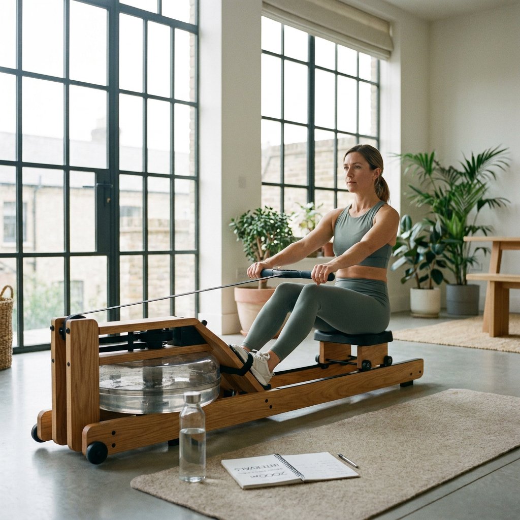 Sportieve volwassene traint op een moderne roeitrainer in een lichte woonkamer, met focus op techniek, ritme en een overzichtelijke thuisfitnesssetting.