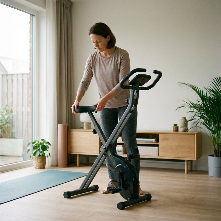Volwassene stelt in een moderne woonkamer het zadel en stuur van een hometrainer af, met rustige houding en zacht daglicht uit een groot raam.