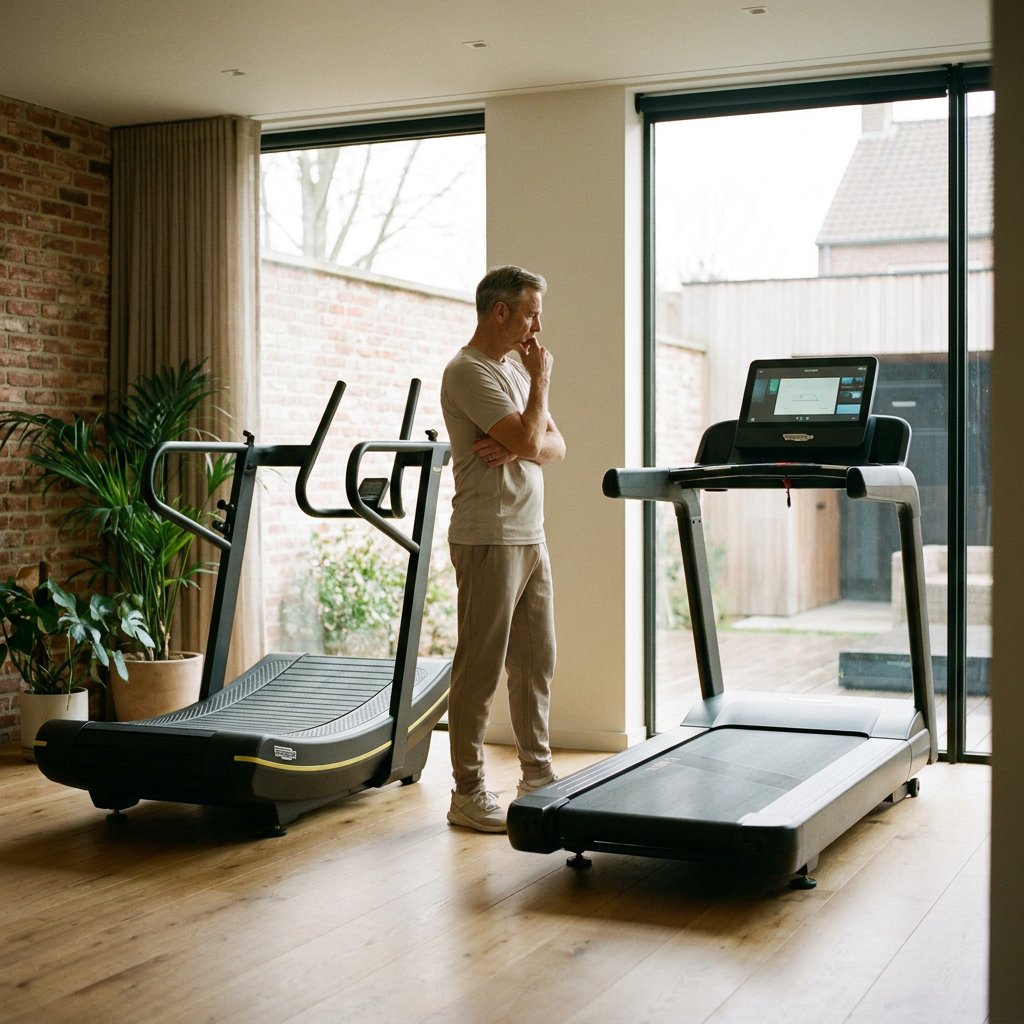 Moderne thuisgym met twee loopbanden naast elkaar, terwijl een sporter vergelijkt welke beter past bij ruimte, comfort en training thuis.
