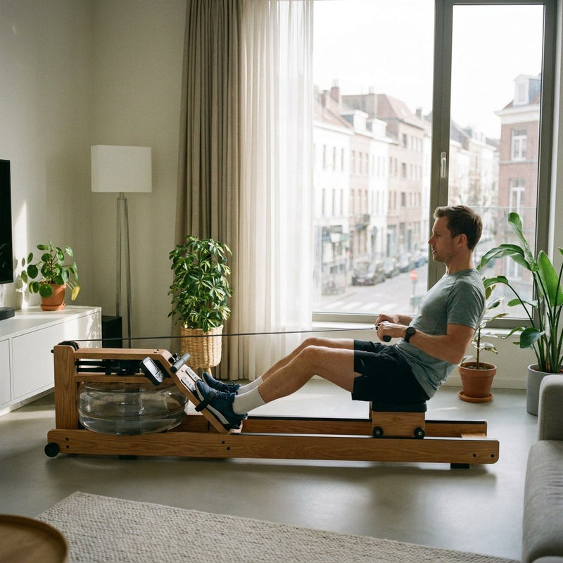 Sportieve volwassene traint op een roeimachine in een modern licht appartement, met focus op correcte techniek en een rustige thuisfitness sfeer.