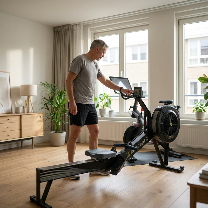 Moderne thuisfitnesshoek met twee fietstoestellen naast elkaar, terwijl een volwassene de displays vergelijkt in zacht daglicht.