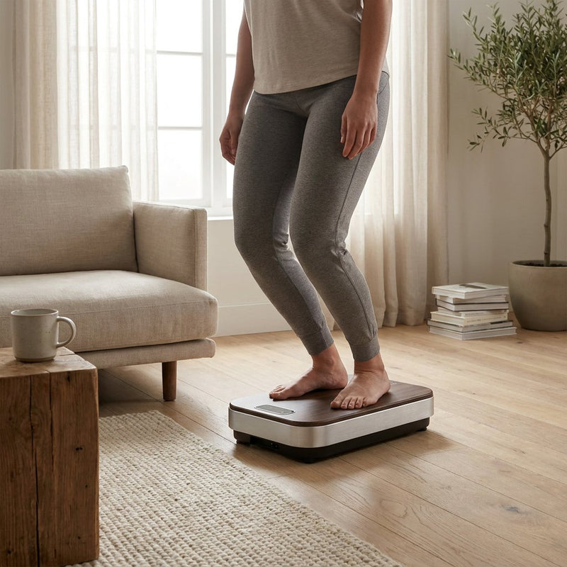 Persoon staat ontspannen op een moderne trilplaat in een lichte woonkamer, met subtiele focus op houding, balans en compact thuisfitnessgebruik.