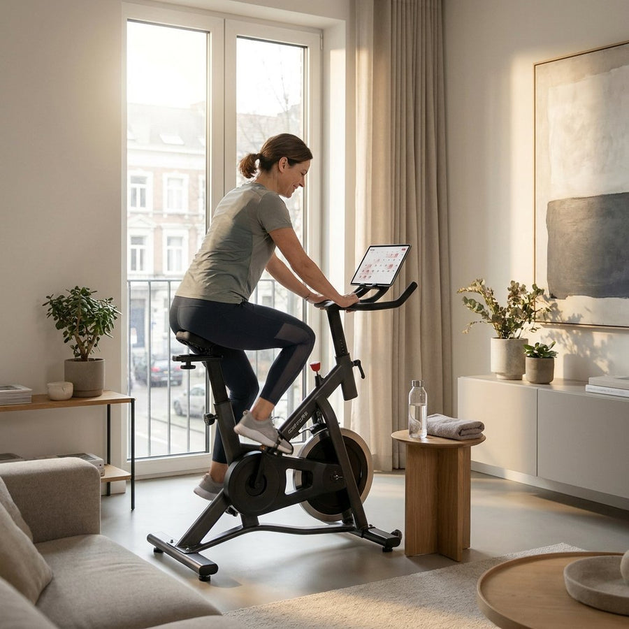 Volwassen sporter traint op een hometrainer in een moderne lichte woonkamer, met waterfles en trainingsschema zichtbaar op tablet naast het toestel.