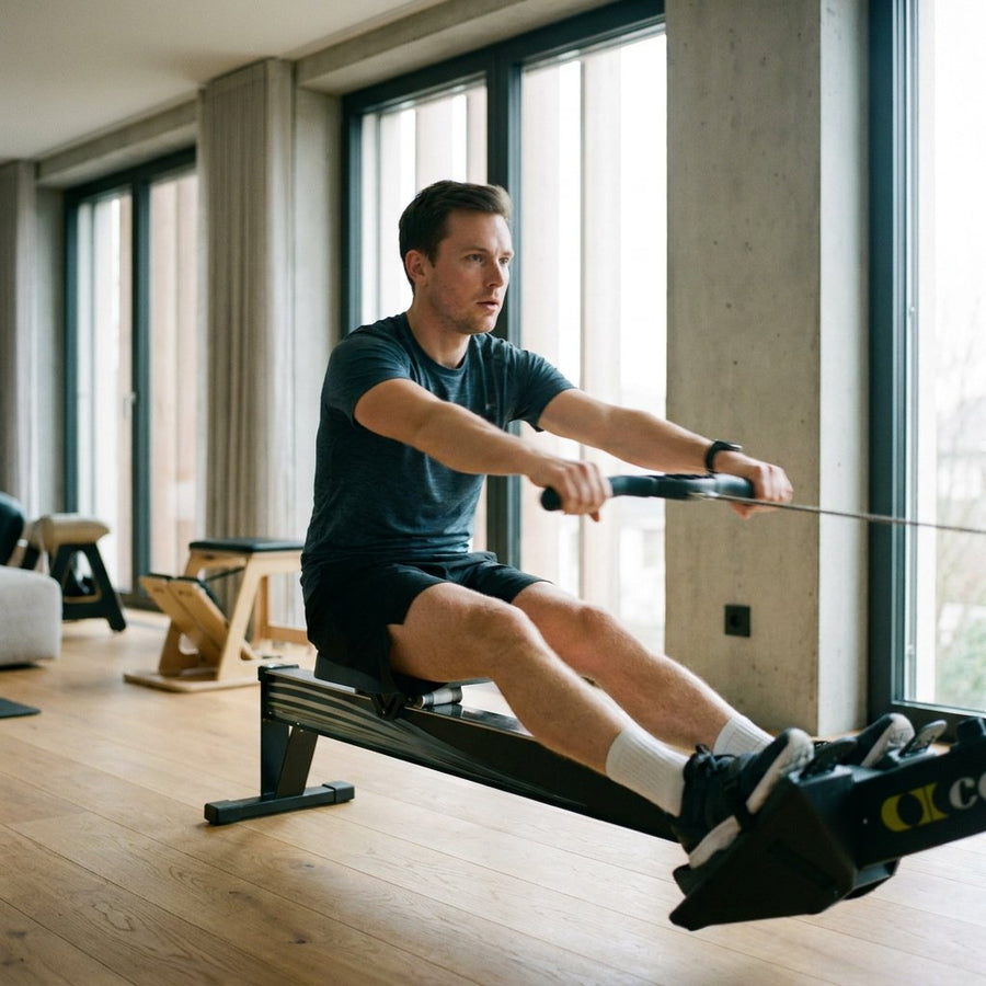 Beginner oefent gecontroleerde roeimachine techniek in een moderne thuisgym, met rechte rug en rustige slagvolgorde bij zacht daglicht.