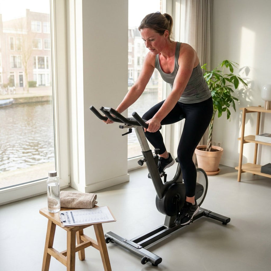 Volwassene traint op een hometrainer in een moderne lichte woonkamer, met handdoek, waterfles en trainingsschema op tafel naast zich.