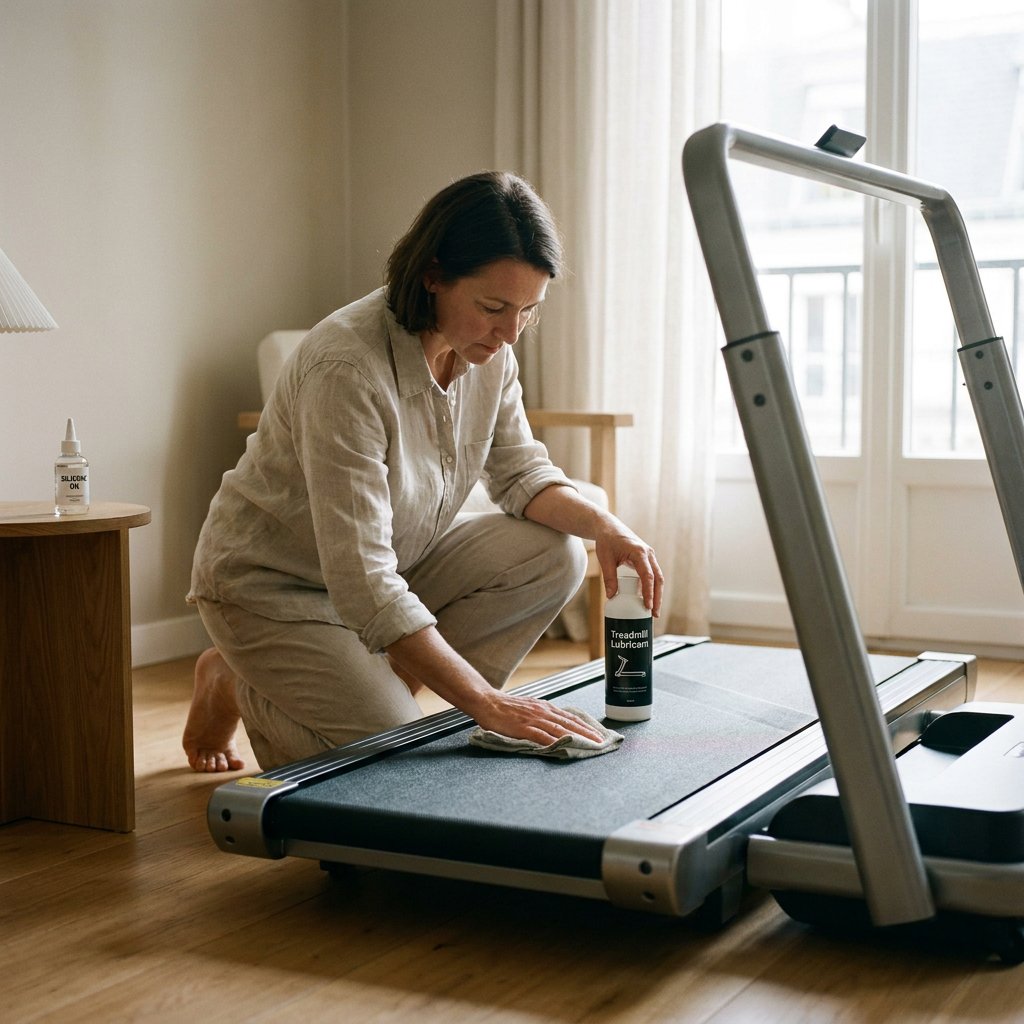 Persoon maakt thuis een moderne loopband schoon met doek en smeermiddel in een nette, lichte fitnesshoek met houten vloer.