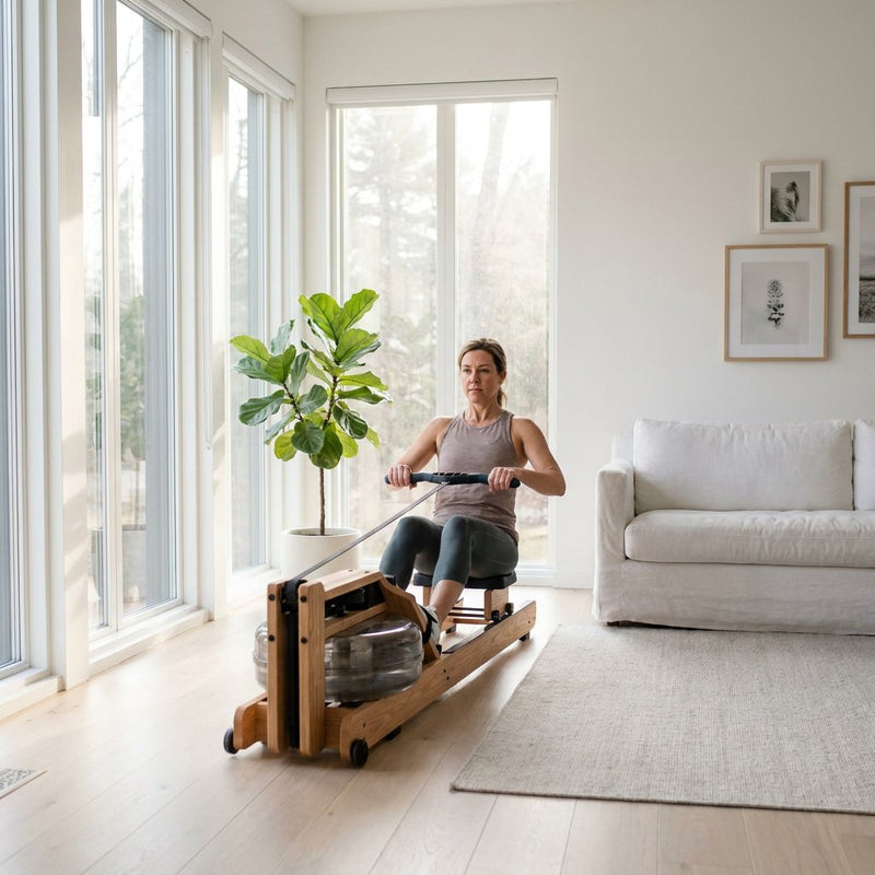 Volwassene traint op een moderne roeitrainer in een lichte, minimalistische woonkamer, met sportkleding en focus op een rustige thuisworkout.