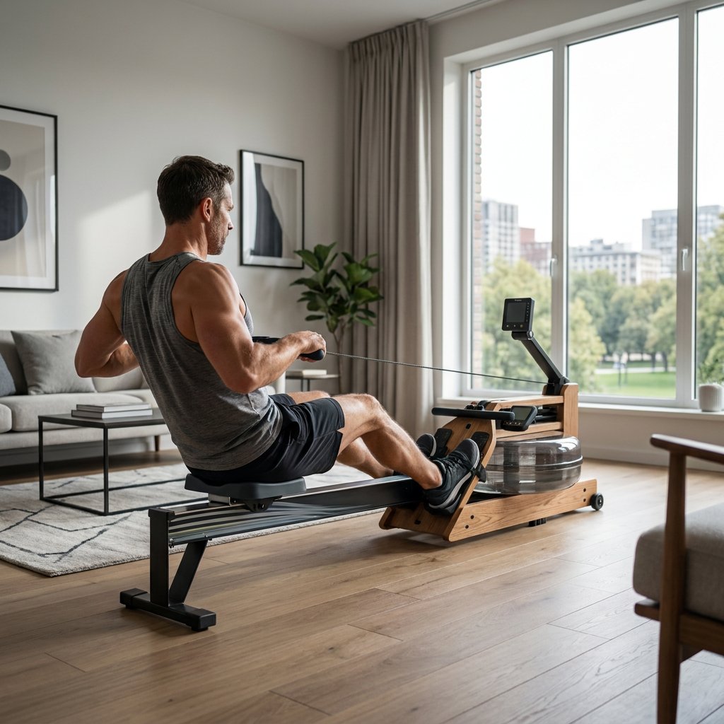Sporter op een moderne roeimachine in een lichte woonkamer, met nadruk op benen, rug en armen tijdens een krachtige haal.
