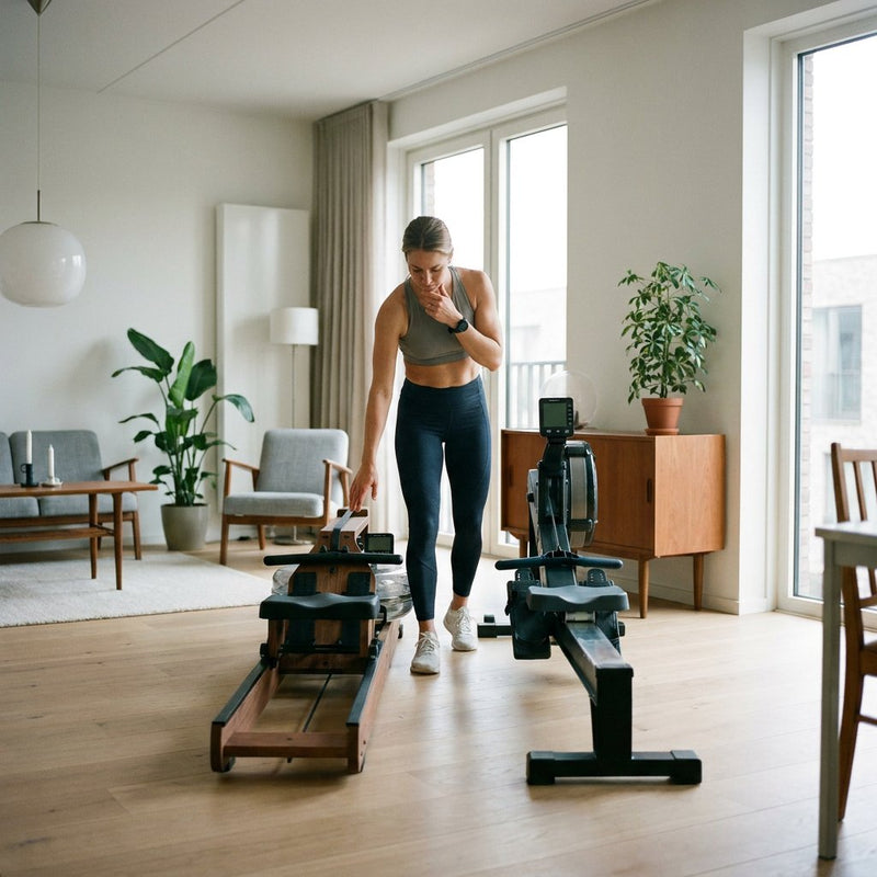 Twee moderne roeitrainers, een magnetische en een waterroeier, staan in een stijlvol thuisinterieur terwijl een sporter de verschillen vergelijkt.