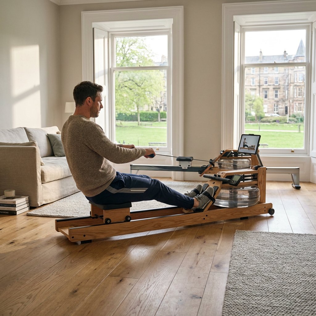 Persoon traint op een compacte roeitrainer in een moderne, lichte woonkamer met houten vloer, rustige styling en een premium thuisfitness uitstraling.