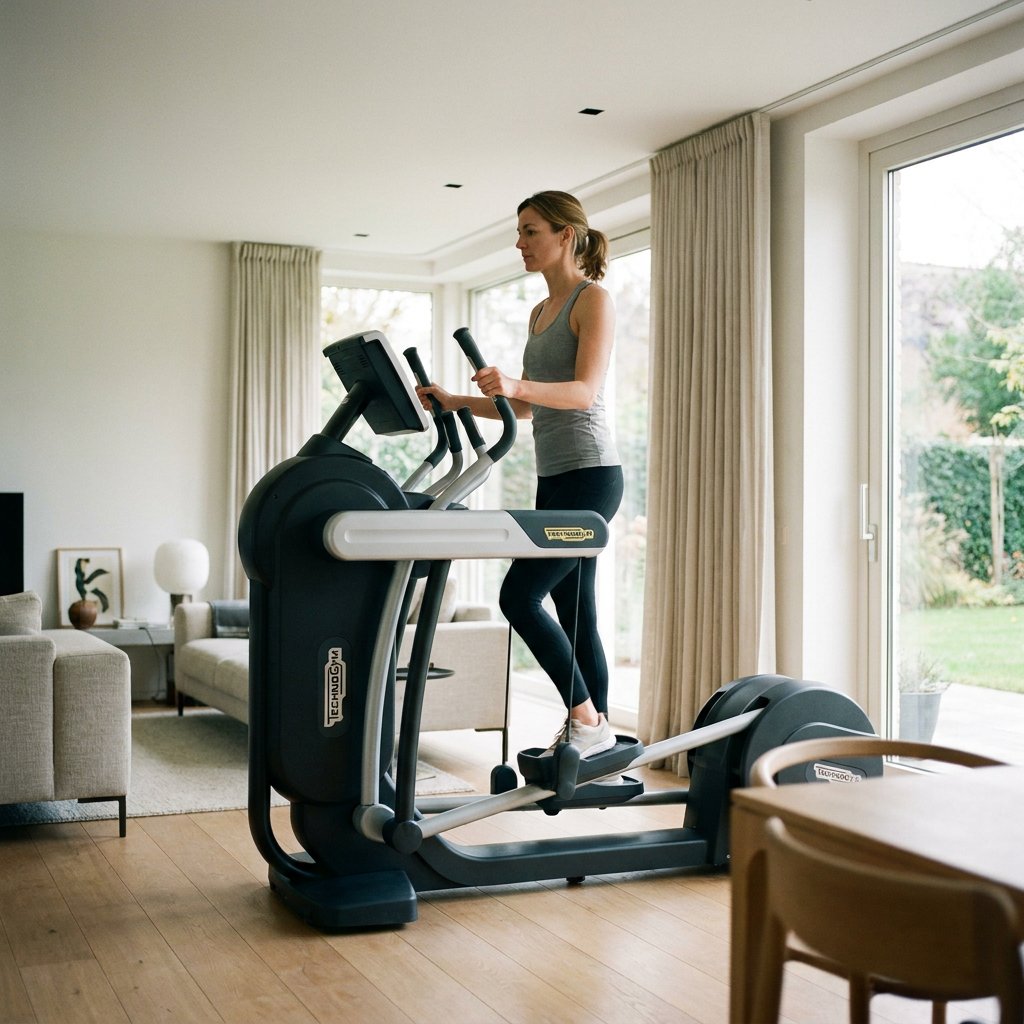 Sporter traint rechtop op een moderne crosstrainer in een lichte woonkamer, met ontspannen schouders, blik vooruit en actieve houding.