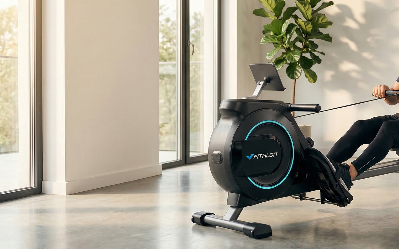 Man traint op een Fithlon roeitrainer in een lichte fitnessruimte