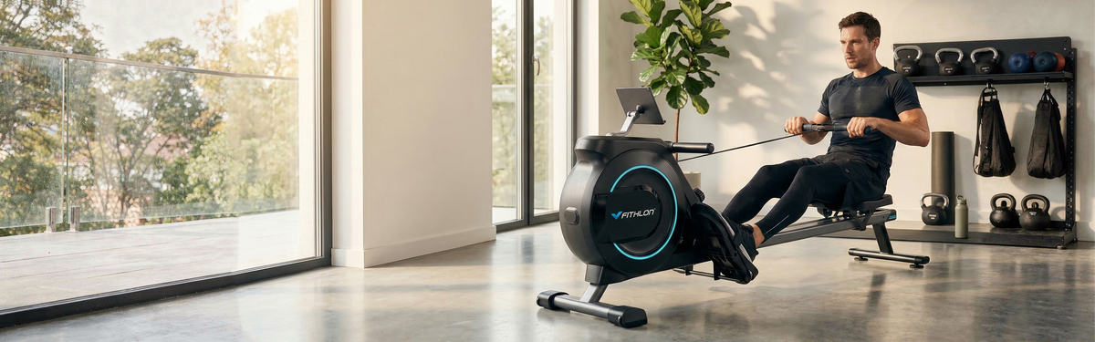 Man traint op een Fithlon roeitrainer in een lichte fitnessruimte